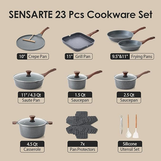 SENSARTE 23 PCS Nonstick Granite Cookware Set, Non Toxic Pots and Pans, PFOA & PFOS Free, Healthy Granite Stone Coating, Induction Compatible, Stay-Cool Handles, Gray