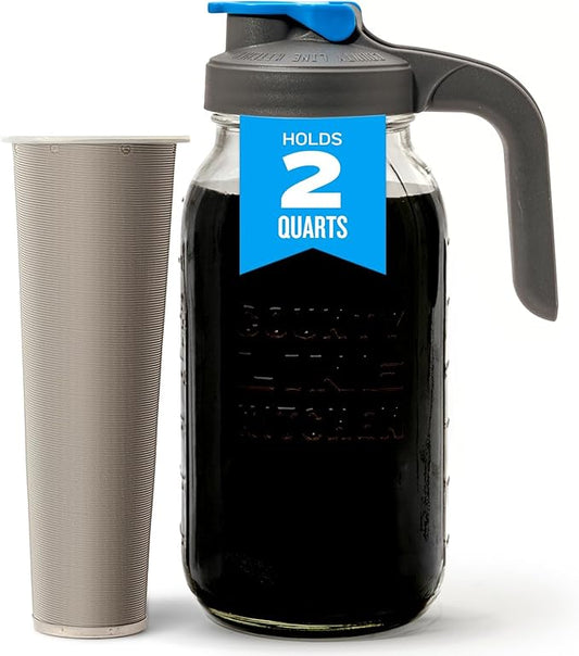 County Line Kitchen 64 oz Glass Cold Brew Coffee Maker with Leak-Proof Lid, Wide Mouth Mason Jar - Iced Coffee and Tea Pitcher - Gray