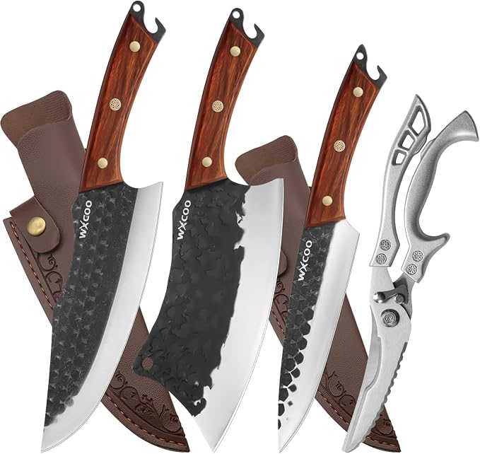 4PCS Kitchen Knife Set with Shears for Kitchen, High Carbon Steel, Hammered Blade Butcher Knives, Hand Forged Chef Cleaver, Fillet & Bone Chopper for Meat Cutting, Processing & BBQ - Black