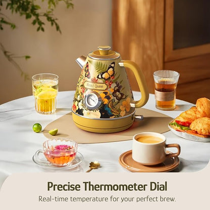 Hazel Quinn X Eduardo Recife Electric Kettle - 1200W Fast Water Boiling, 1.7L/57oz, All 304 Stainless Steel Interior, BPA-Free, Auto Shut-Off, Cordless Retro Teapot with Thermometer - Floral Patterned