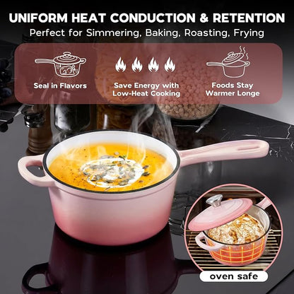 Onader 1QT Enameled Cast Iron Saucepan with Lid, Small Sauce Pan, Enamel Cast Iron Dutch Oven Cooking Kitchen Pot, Nonstick – Pink