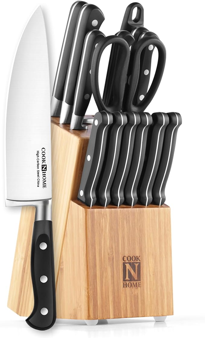 Cook N Home Basics Bamboo Kitchen Cutlery Block Set with Knifes, High Carbon Stainless Steel Blade, 15-Piece, Black