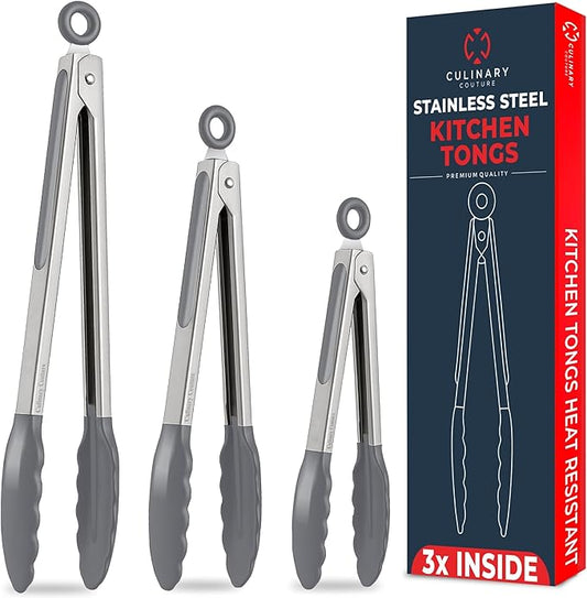 Kitchen Tongs with Silicone Tips Set of 3 Heat Resistant Tongs for Serving Food, 7-Inch, 9-Inch, 12-Inch Locking Silicone Tongs for Cooking, Salad Tong, Grey Kitchen Utensils