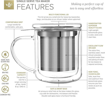 Teabloom Personal Tea Maker - Insulated Heatproof Glass Cup with Loose Tea Infuser and Lid/Coaster – Tea Connoisseur's Choice – Borosilicate Glass Infusion Mug (8 Oz)