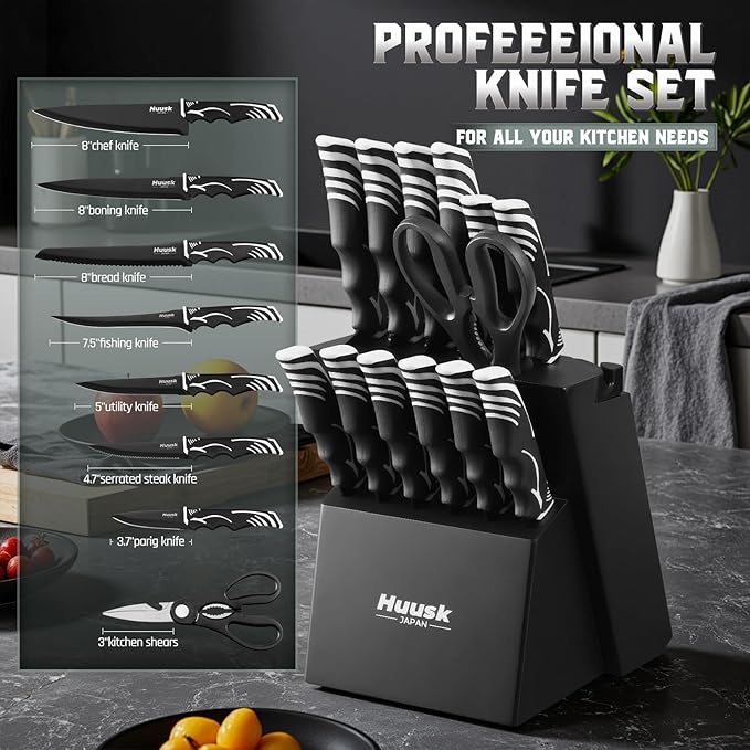 Huusk Knife Block Set with Sharpener - Kitchen Knives Set with Wooden Knife Block - Ideal Housewarming Gifts for New Home - Chef Knives with Kitchen Shears - Christmas Gift for Men Women - Black