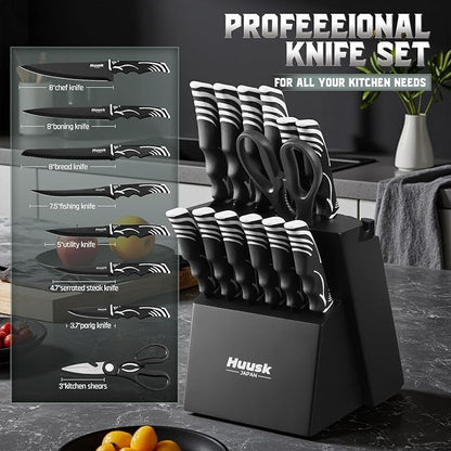 Huusk Knife Block Set with Sharpener - Kitchen Knives Set with Wooden Knife Block - Ideal Housewarming Gifts for New Home - Chef Knives with Kitchen Shears - Christmas Gift for Men Women - Black