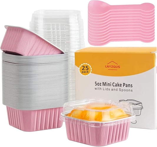 LNYZQUS Mini Cake Pans with Lids 25 Pack,5oz Foil Individual Cupcake Baking Cups for Oven, Small Muffin Tin Single Baking Containers, Disposable Ramekins for Valentine Holiday Bake Sale-Pink