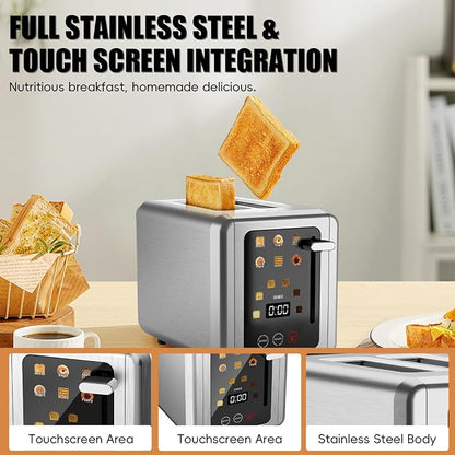 Touch screen Toasters 2 slice,Stainless Steel Digital Timer Toaster with Sound Function,6 Bread Types & 6 Shade Settings,Smart Extra Wide Slots Toaster with Bagel,Defrost Functions,Silver