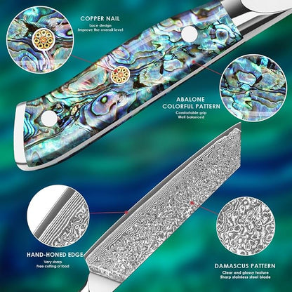 Home Safety Damascus Kiritsuke Knife with Sharp 20cm Blade Made of 67 Layers of VG-10 Damascus Steel Kitchen Knifves Damascus Carving Knife, Abalone Shell Handle, Gift Box