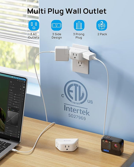 TROND Multi Plug Outlet Extender 2 Pack - Electrical Wall Splitter, 3 Way Angled Wall Outlet Adapter, Cruise Essentials, ETL Listed, Small Multiple Plug Expander for Bathroom Kitchen Office, White