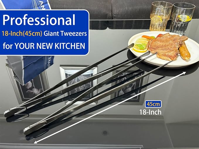 JETKONG 2 Pcs 18 Inch (45cm) Stainless Steel Grill Tongs Heavy Duty Giant Tweezer Tongs, Extra Large Tweezers Tools for Cooking, Grilling, BBQ and Turning Food (Black)