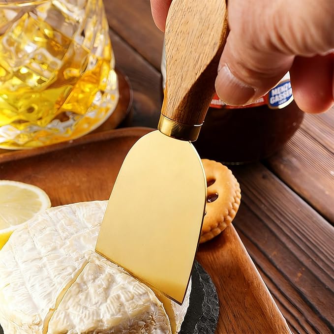 6 Pcs Gold Cheese Knives Set Tools Stainless Steel Cheese Slicer and Cutters for Kitchen Board Knife Set for Kitchen Charcuterie Board Accessories Housewarming Gift (Acacia-Gold Box)
