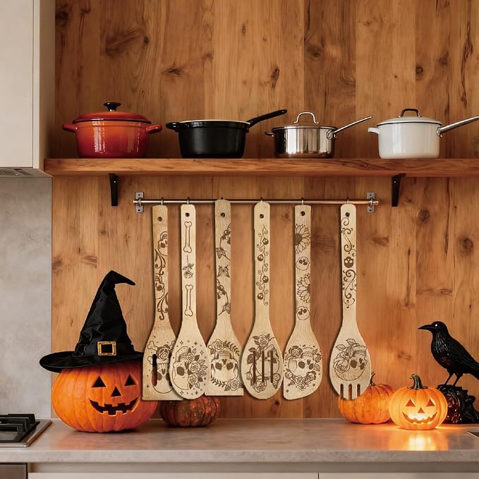 6Pcs 6 Styles Skull Cooking Utensils Bamboo Kitchen Spoons 2.4 x 11.8 Inch Durable Wooden Spoon Set for Men Women Friends Halloween Housewarming Birthday Gift Wedding Apartment Essentials