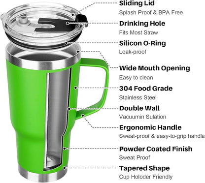 20 oz Tumbler with Handle, Stainless Steel Insulated Tumbler with Lid and Straw, Double Wall Vacuum Coffee Mug Tumbler, Insulated Coffee Thermal Cup for Cold and Hot (Bright Green, 20, ounces)