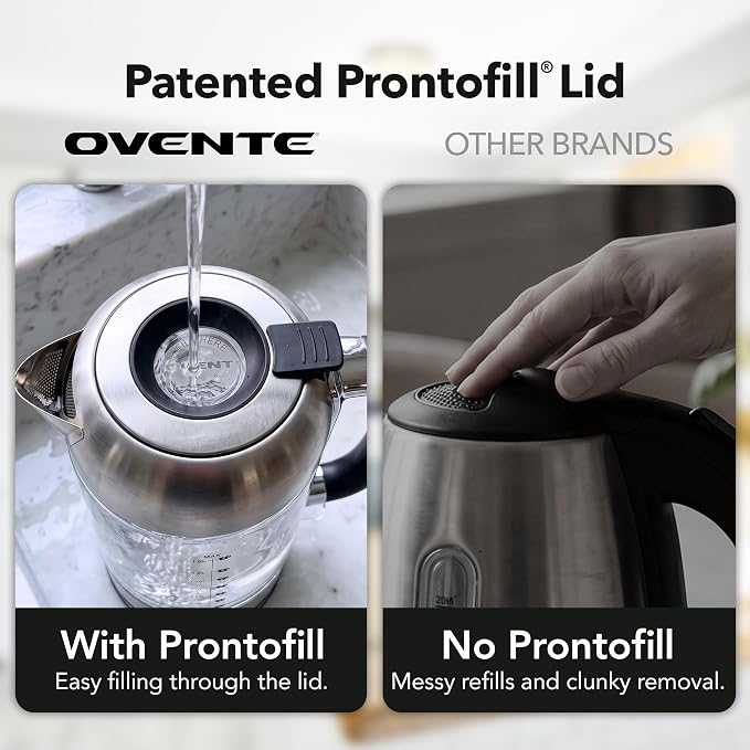 OVENTE Electric Kettle, 1.8L Tea Kettle and Hot Water Boiler For Coffee or Tea, Easy to Fill Lid, Auto Shut-Off, Borosilicate Glass with Stainless Steel Filter, 1500W, BPA Free, Silver KG71S