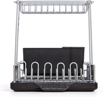 Sabatier Dish Drying Rack with Second Tier, Rust Resistant Wires and Angled Drain Board, Utensil Caddy Compact Dish Drying Rack
