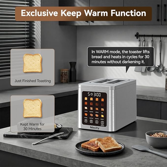 Mecity 2 Slice Smart Touchscreen Toaster, Stainless Steel Wide Slot Toasters with Auto Lift & 30-Minute Warm, Memory Function, Defrost & Auto Shutoff, Digital Electric Bread Toaster for Bagels