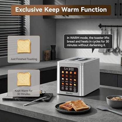 Mecity 2 Slice Smart Touchscreen Toaster, Stainless Steel Wide Slot Toasters with Auto Lift & 30-Minute Warm, Memory Function, Defrost & Auto Shutoff, Digital Electric Bread Toaster for Bagels