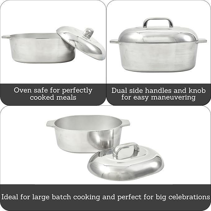 IMUSA 13in Cajun Cast Aluminum Oval Roaster with Lid, Durable Baking and Roasting Pan for Chicken, Meats, and Traditional Cooking (Pack of 2)