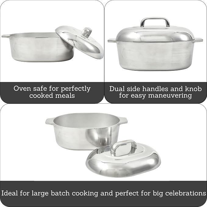 IMUSA 13in Cajun Cast Aluminum Oval Roaster with Lid, Durable Baking and Roasting Pan for Chicken, Meats, and Traditional Cooking