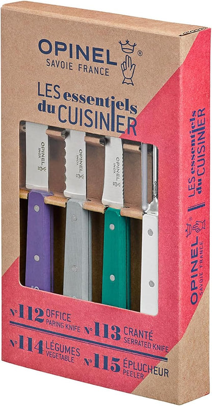 OPINEL Les Essentials - Small Kitchen 4 Piece Knife Set - Paring, Serrated, Peeler, Vegetable Knife, Corrosion Resistant High Carbon Steel, Made in France (Art Deco)