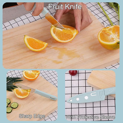Magicorange Travel Cutting Board Set, 4 Pcs Portable Mini Camping Plastic Cutting Board Set & Stainless Steel Knife with Sheath, Fruits & Vegetable Peeler Scissors (Blue) (Pack of 2)