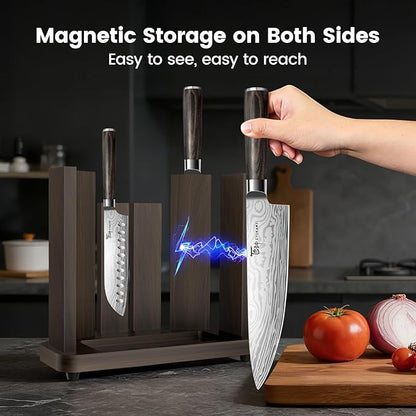 SYOKAMI 15-Piece Kitchen Knife Set with Magnetic Block, New for 2026, Detachable Steak Knife Block for Table Service, Built-In Sharpener, Wood Handle, Damascus Pattern, Housewarming Gifts