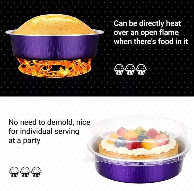 Beasea Mini Ramekins with Lids, 100 Pack 7.3oz Disposable Aluminum Tart Pie Baking Tins Pans, 4 Inch Small Individual Cheesecake Tart Containers Oven Baking Dishes for Party - Violet Purple