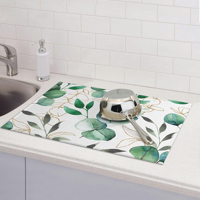 Green Leaves Dish Drying Mat 18x24 For Kitchen Counter Absorbent Microfiber Dishes Pad Dish Drainer Rack Mats Fast Dry Kitchen Accessories