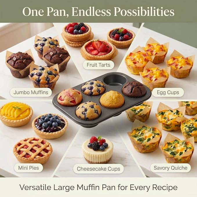 Jumbo Muffin Pan 2 Pack, Extra Large Muffin Tin 6 Cup Includes 100 Jumbo Cupcake Liners, Nonstick Carbon Steel Giant Cupcake Pans for Baking, Breakfast & Party Cupcake Tin