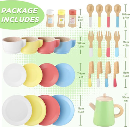 GAGAKU Wood Tea Set and Wooden Play Dishes 2 in 1 Play Food Set Toy 28 PCS Montessori Play Kitchen Accessories Kitchen for Toddlers Cooking Playset for 3-8 Years Girls and Boys