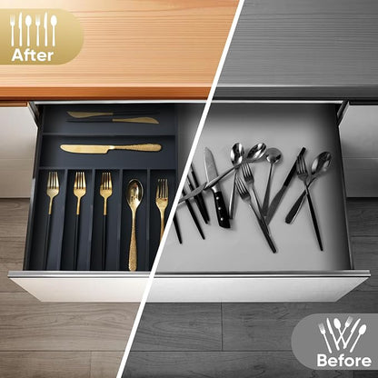 Silverware Organizer, 12.5 Inch Utensil Organizer Kitchen Drawer Organizer Bamboo Silverware Holder Cutlery Tray Organizer in Drawer Flatware Organizer Tray(7 slots, Black）