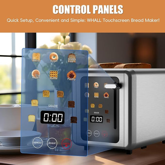 Touch screen Toasters 2 slice,Stainless Steel Digital Timer Toaster with Sound Function,6 Bread Types & 6 Shade Settings,Smart Extra Wide Slots Toaster with Bagel,Defrost Functions,Silver
