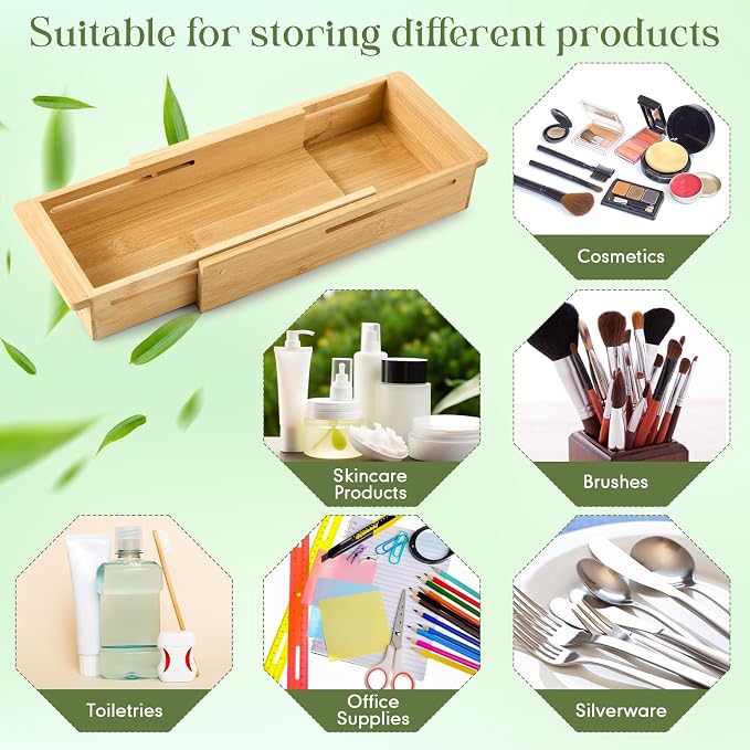 LemonRoad 1 Pcs Sliding Drawer Organizer 12.4-17.7 Inch Bin Bamboo Drawer Expandable Bins Utensil Organizer for Kitchen Spoons Forks Knives (Wood)