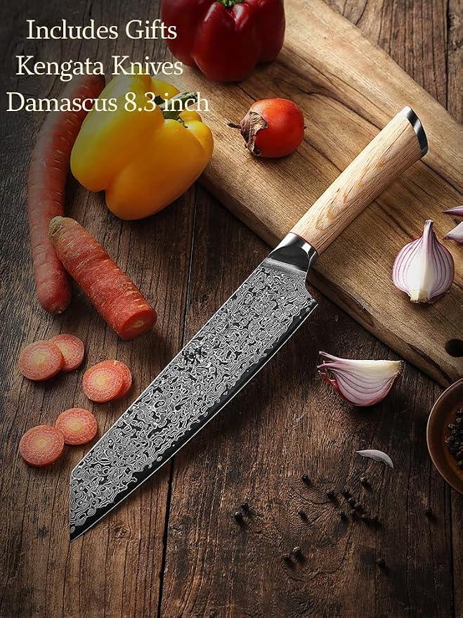 DONGSUN 8 Inch Damascus Kiritsuke Chef Knife with North American Black Walnut Sheath, Professional K-Tip Japanese Kitchen Knife 67-Layer VG10 Forged Steel, Durable Sharpness