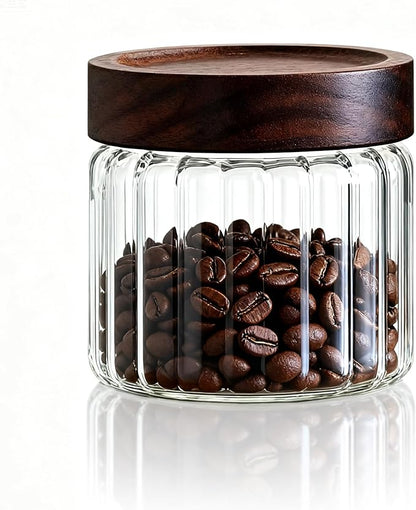 Decorative Borosilicate Glass Jar with Screw Top Airtight Wooden Lid, 17 oz/500ml Leak Resistant Food Storage Canister, Wide Mouth Container for Coffee Sugar Tea Cookie Candy Overnight Oatmeal Salad