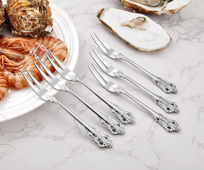 KEAWELL Luxury 6.3" Food Fork/Seafood Forks 18/10 Stainless Steel, Set of 6, Fruit Picks/Cocktail Forks/Charcuterie Accessories/Cocktail Picks for Appetizer, Cocktail, Pastry, Dessert (Silver)