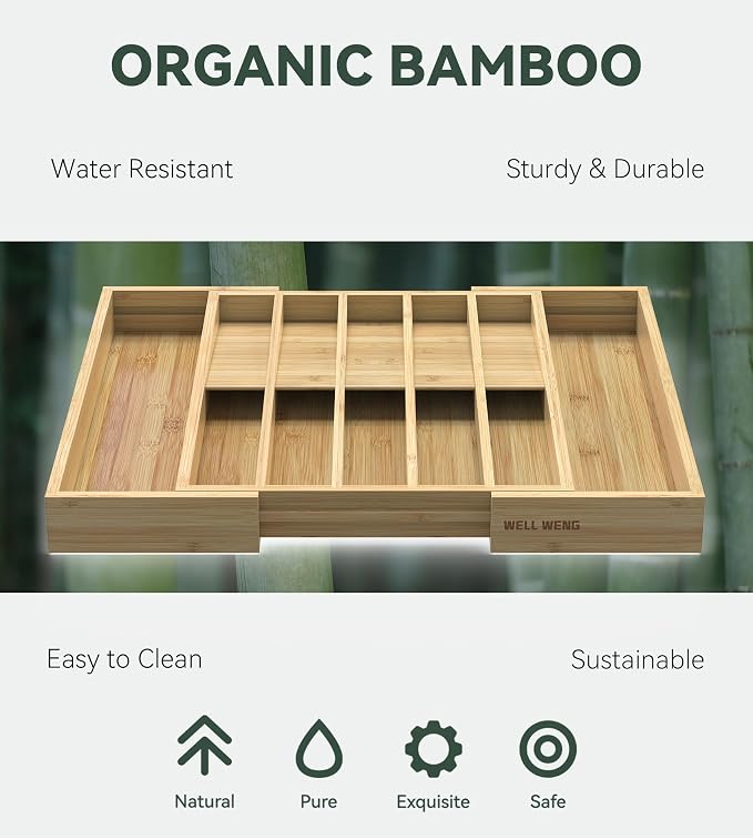 Expandable Silverware Drawer Organizer for Utensil,Bamboo 12 Slot | 13"-20"W x16.7"D x 1.97“H, Vertical Storage,Kitchen Cutlery Tray Dividers for Spoons Forks Knives