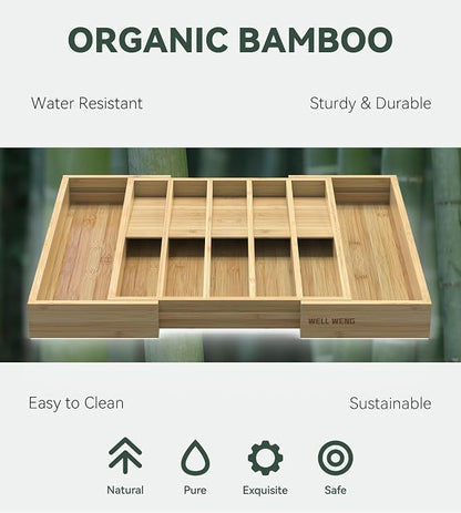 Expandable Silverware Drawer Organizer for Utensil,Bamboo 12 Slot | 13"-20"W x16.7"D x 1.97“H, Vertical Storage,Kitchen Cutlery Tray Dividers for Spoons Forks Knives