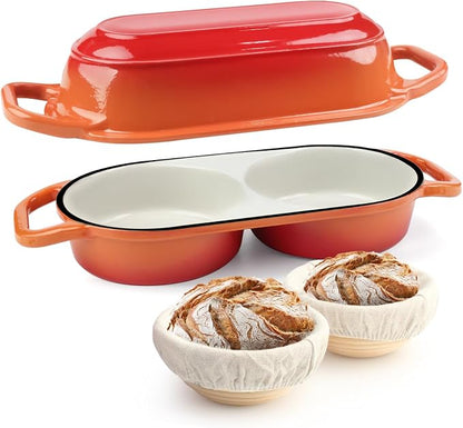 YONILL Mini Double Dutch Oven for Sourdough Bread Baking - Enameled Cast Iron Dutch Oven Pot with Lid and 5" Banneton Bread Proofing Basket Kit, Dual Round Bread Loaf Pan for Homemade Baking