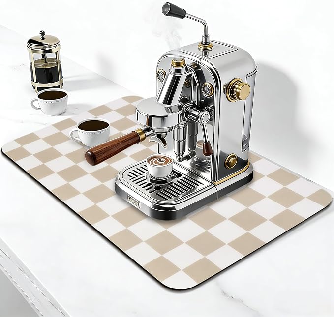 CooRug Checkered Dish Drying Mat for Kitchen Counter, Absorbent Non-Slip Coffee Mat, Heat Resistant Mat for Countertops Coffee Bar Decor 12" x 20" Khaki