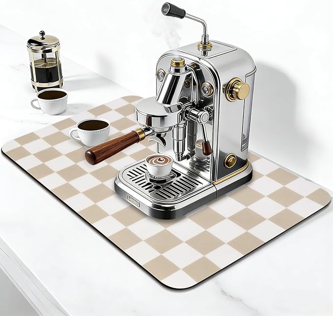 CooRug Checkered Dish Drying Mat for Kitchen Counter, Absorbent Non-Slip Coffee Mat, Heat Resistant Mat for Countertops Coffee Bar Decor 16" x 24" Khaki