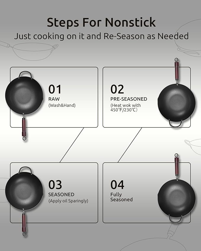 FGJ Wok Pan, Carbon Steel Wok, Woks & Stir-Fry Pans Nonstick, 13 Inch Wok Pan with Wooden Lid, Pre-Seasoned Carbon Steel Cookware, 5.8QT Flat Bottom Chinese Wok Pan, Compatible with All Cooktops