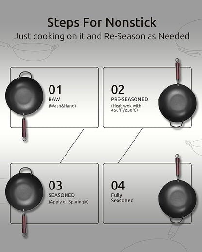 FGJ Wok Pan, Carbon Steel Wok, Woks & Stir-Fry Pans Nonstick, 13 Inch Wok Pan with Wooden Lid, Pre-Seasoned Carbon Steel Cookware, 5.8QT Flat Bottom Chinese Wok Pan, Compatible with All Cooktops