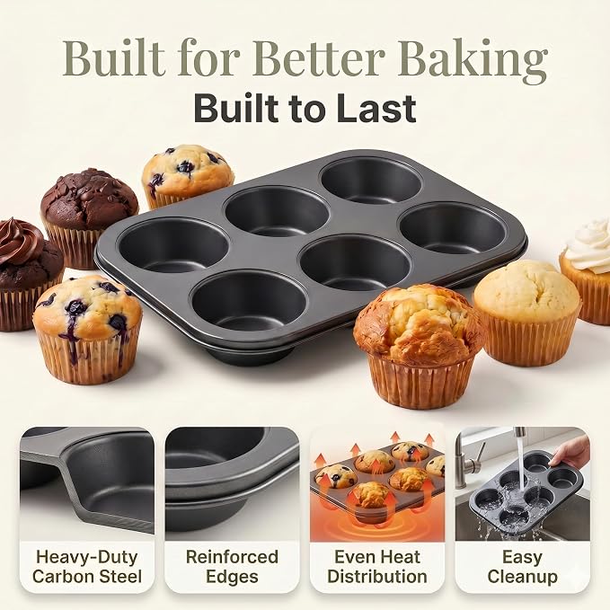 Jumbo Muffin Pan 2 Pack, Extra Large Muffin Tin 6 Cup Includes 100 Jumbo Cupcake Liners, Nonstick Carbon Steel Giant Cupcake Pans for Baking, Breakfast & Party Cupcake Tin