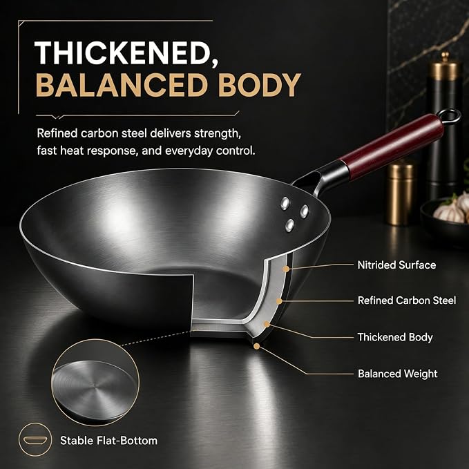 Calmabode 13” Large Flat Bottom Carbon Steel Wok with Glass Lid | Large deep wok, pre-seasoned nitrided carbon steel, amber glass lid, ideal for big family stir-fry, frying and hearty meals