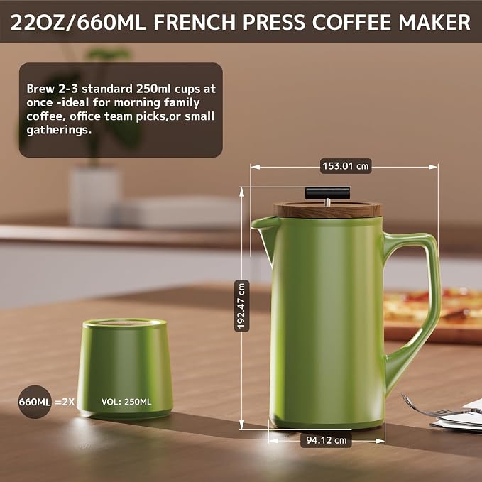 Ceramic French Press Coffee Maker, 22oz Single Serve Coffee Press with Walnut Wood Lid, Lead-Free, Food Grade Stainless Steel Filter with Dual Screen for Coffee and Loose Tea, Green