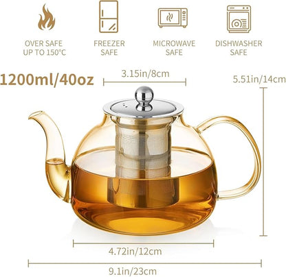 DOPUDO 40OZ (1200ML) Glass Teapot with Infuser Stovetop Safe, Clear Glass Tea Pot Kettle, Borosilicate Tea Pot with Infusers Filter for Loose Tea, Tea Kettle Dishwasher Safe (Champagne)