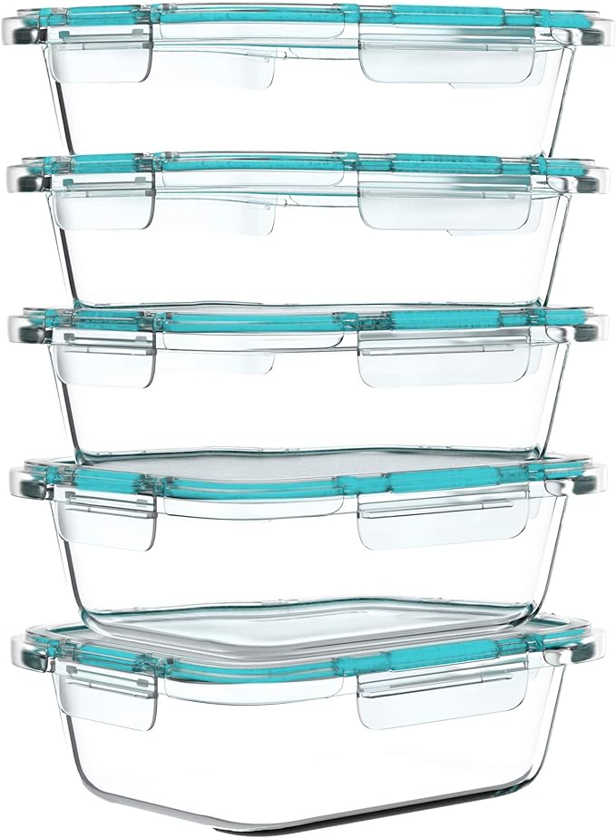 Classic Cuisine Glass Food Storage Containers-5, One Compartment Portion Control Meal Prep Glassware with Snap Shut Lids-Microwave, Dishwasher Safe Clear