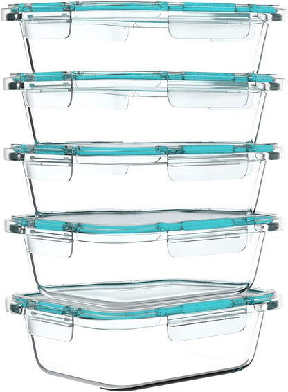 Classic Cuisine Glass Food Storage Containers-5, One Compartment Portion Control Meal Prep Glassware with Snap Shut Lids-Microwave, Dishwasher Safe Clear